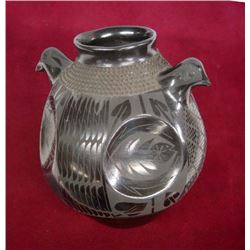 Mata Ortiz Black on Black Jar with Bird Handles