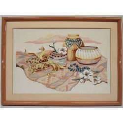 Southwestern Crewel Framed and Matted Picture