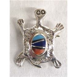 Navajo Sterling Silver Inlay Turtle Pin Pendant