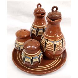 Bulgarian Troyan  Redware Pottery Condiment Set
