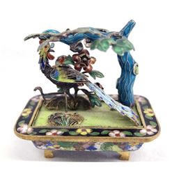 Antique Cloisonne Bonsai Tree & Peacock Figurine