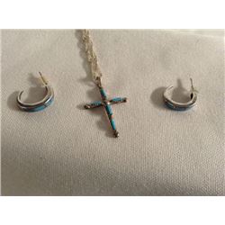 Zuni Sterling Turquoise Cross Necklace & Earrings