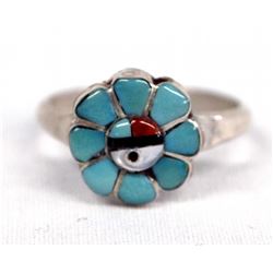 Zuni Sterling Silver Inlay Sun God Ring, Size 8