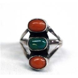 Navajo Old Pawn Silver Turquoise Coral Ring, Sz 6
