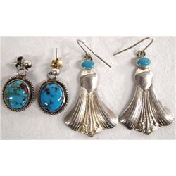 2 Pr Navajo Sterling Silver Turquoise Earrings