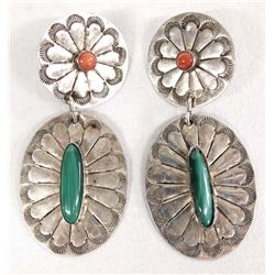 Navajo Sterling Silver Malachite & Coral Earrings