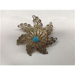 Beautiful Antique Estate Sterling Silver Turquoise Filigree Pin