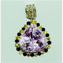 Kunzite 22.85 ct, Blue Sapphire 2.64, Yellow Sapphire 2.35 & Diamond 0.79 ct Ring, 22.85 gram 14K Wh