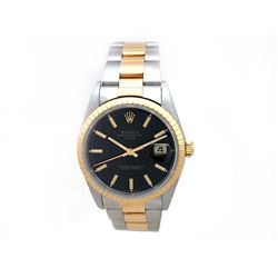 34mm Midsize Rolex 18k Gold & Stainless Steel Oyster Perpetual Date Watch. Black Dial. 18k Yellow Go