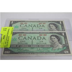 1867 - 1967 CANADIAN CENTENNIAL 1 DOLLAR BILLS X2
