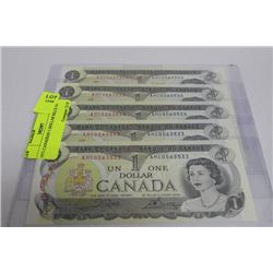 1973 CANADIAN 1 DOLLAR BILLS X5