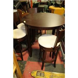 WOOD BAR TABLE W 4 FABRIC SWIVEL STOOLS*