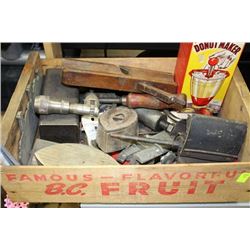 WOOD FRUIT CRATE W VINTAGE TOOLS/IRONS ETC