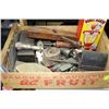 Image 1 : WOOD FRUIT CRATE W VINTAGE TOOLS/IRONS ETC