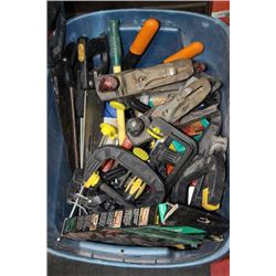 BIN OF ASSORTED HAND TOOLS INCLUDES SAWS,