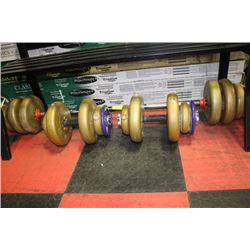 WEIGHT SET INCLUDES DUMBELLS, BENCH BAR & WEIGHTS