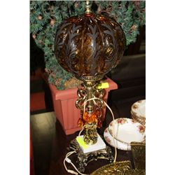 AMBER GLASS GLOBE LAMP WITH A MORBLE BASE ADORNED