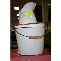 STACK OF VINTAGE ENAMEL BOWLS, PAIL AND PITCHER