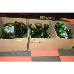 BOX OF GREEN GLASS ORNAMENTS X3