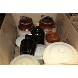 ESTATE BOX OF CROCKS AND LIQUOR JUGS