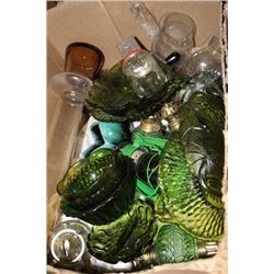 BOX OF GREE GLASS DISHES