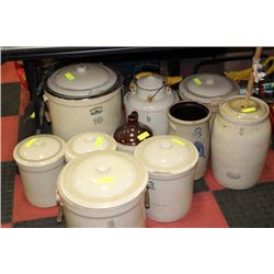 LARGE 10PC VINTAGE CROCK AND LIQUOR JUG COLLECTION