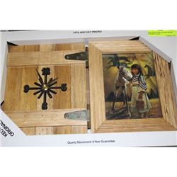 NEW NATIVE GIRL & PONY WOOD FRAMED CLOCK