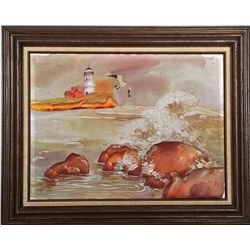 Seascape with Lighthouse, Watercolor on Canvas with Embroidery