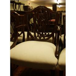 Set of eight 19c mahogany shield back dining chairs (6+2) with tapering reeded front legs and Ada…