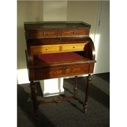 19c rosewood cylinder desk with marquetry inlay, satin interior and brass gallery…