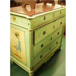 Painted continental five drawer chest of drawers with shaped marble top, side panels painted with…
