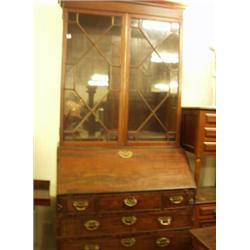 Georgian mahogany bureau bookcase with astral glazed doors and dental cornice, bureau fitted with…