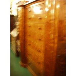 Unusual 19c satin birch serpentine fronted compactum comprising seven graduated long drawers and …