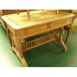 Late 19c Gothic design walnut writing table with leather insert, burr walnut cross banding to dra…