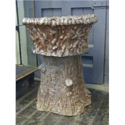 A RUSTIC SALT GLAZED STONEWARE GARDEN URN, c.1900, of local manufacture, wide campana bowl, mould...
