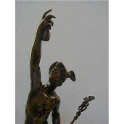 A PAIR OF BRONZED FIGURES, late 19th Century, Mercury and Aurora, drum socles, black marble plint...