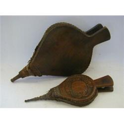 A PAIR OF LATE GEORGIAN BELLOWS, elm and iron, and another pair, oak and brass (2)  £30-50...