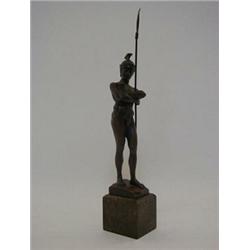 A BRONZE FIGURE OF A SPARTAN YOUTH, 20th Century, resting on his spear, signed, 'Schmid, Daranti,...