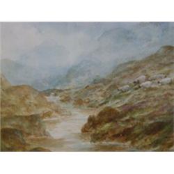 A LANDSCAPE WATERCOLOUR, Scottish Highlands, sheep grazing, stream to foreground, unsigned, frame...