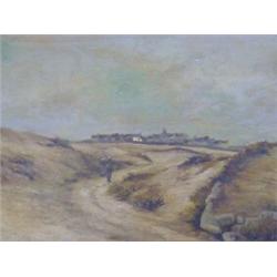 HEELEY, ARTHUR, a view of a coastal town seen from dunes, two figures to foreground, oils on canv...