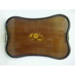 AN EDWARDIAN MAHOGANY TWIN HANDLED TRAY, inlaid, serpentine shape, length 60cm  £30-40...