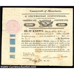 Henry Dearborn - A Republican Institution (Massachusetts)An 1821 certificate in black with an emboss