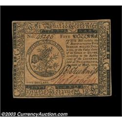 Continental Currency May 10, 1775 $5 About New. A lovely Continental, strongly signed, well margined