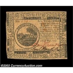 Continental Currency May 10, 1775 $6 About New. A very nice example from the first Continental issue