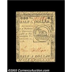Continental Currency February 17, 1776 $1/2 Extremely Fine. A very nice fractional Continental with