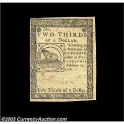 Continental Currency February 17, 1776 $2/3 Choice About New. A single extremely light fold is all t