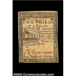 Continental Currency February 17, 1776 $2/3 Choice Extremely Fine. A gorgeous Fractional Continental