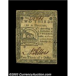 Continental Currency February 17, 1776 $2/3 Choice Extremely Fine. A lightly circulated but lovely e