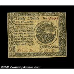 Continental Currency September 26, 1778 $20 Extremely Fine. A gorgeous piece for the grade, well mar