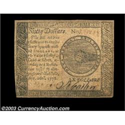Continental Currency September 26, 1778 $60 Choice About New. A single light center fold.  Important